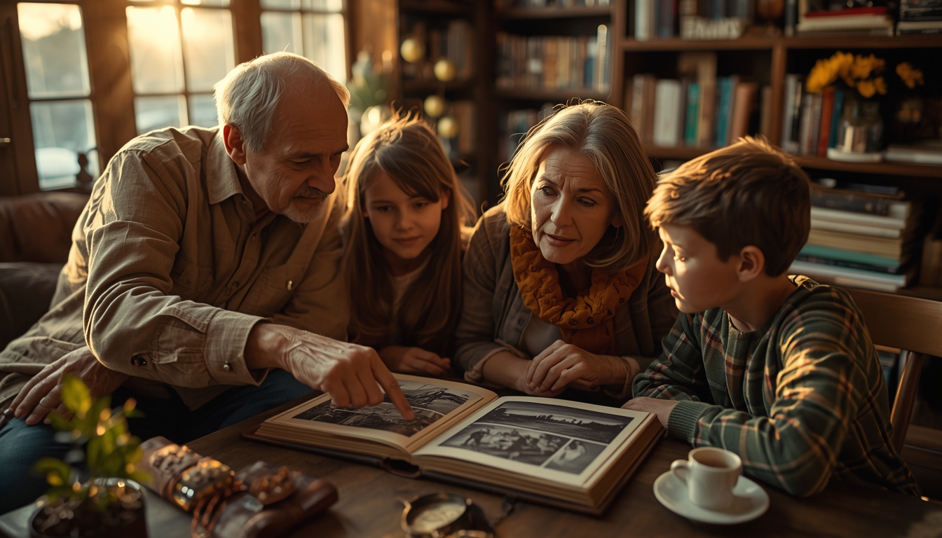 Illustration : une famille rassemblée autour d'un album photo
